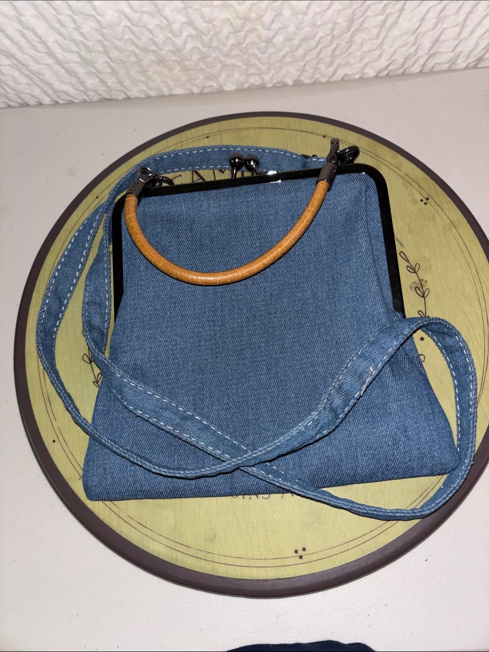 Denim Crossbody Bag with Leather Handle - Blue
